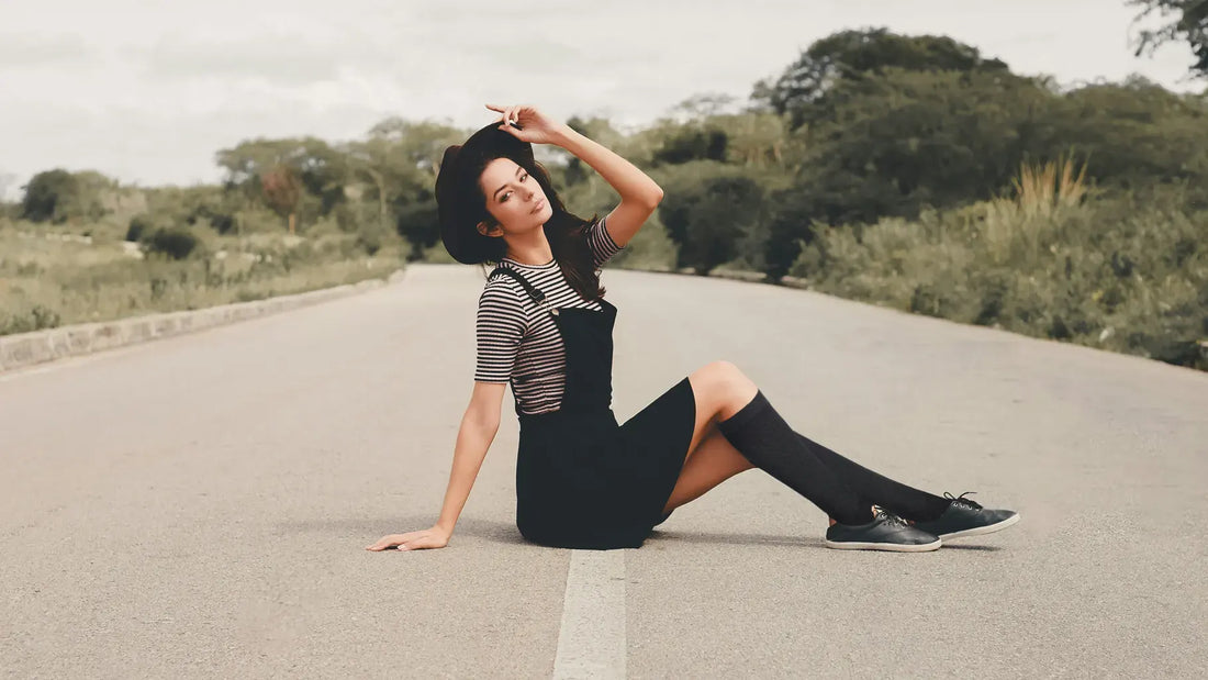 skater dress and knee high socks The knit dress we'll be living in all season long @bellastovey in the Cozy Prep Collared Long Sleeve Knit Skater Dress + Bold Statements Under-The-Knee Moto Boots