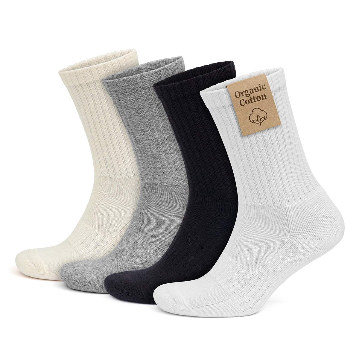 Organic Cotton Crew Socks for Men & Women, 4 Pairs Cushioned Athletic Sport Socks, Seamless Breathable Soft, 3504