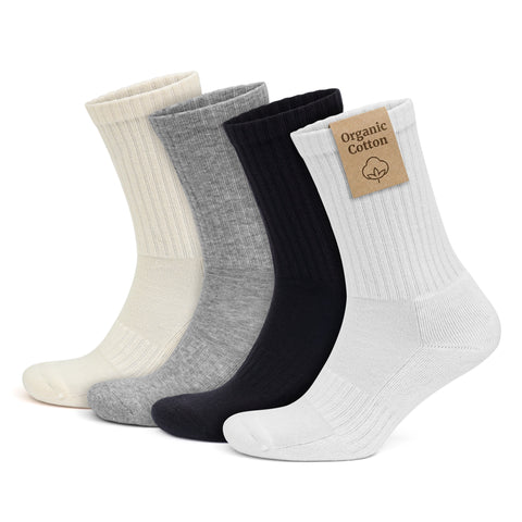Organic Cotton Crew Socks for Men & Women, 4 Pairs Cushioned Athletic Sport Socks, Seamless Breathable Soft, 3504