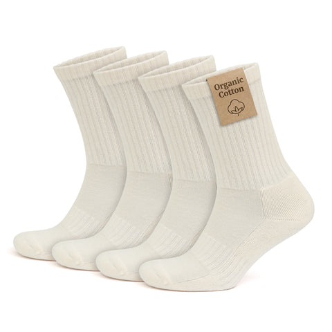 Organic Cotton Crew Socks for Men & Women, 4 Pairs Cushioned Athletic Sport Socks, Seamless Breathable Soft, 3504