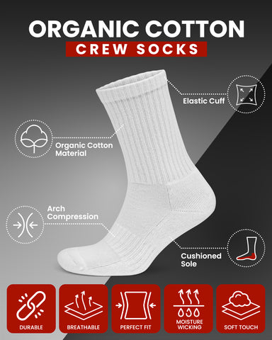 Organic Cotton Crew Socks for Men & Women, 4 Pairs Cushioned Athletic Sport Socks, Seamless Breathable Soft, 3504